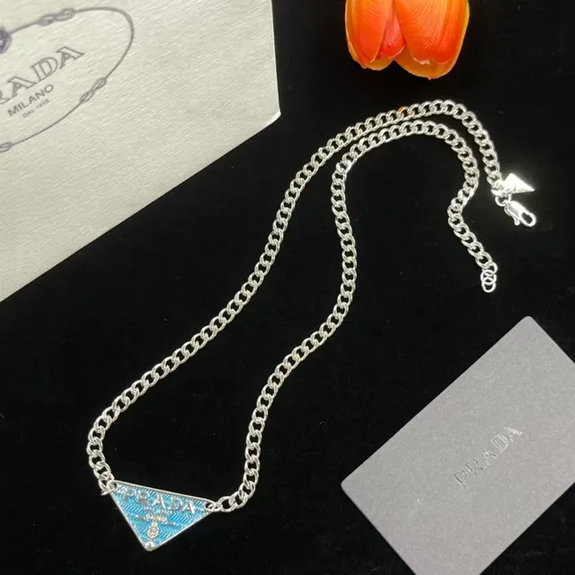 Prada Silver Blue Curb Chain Triangular Enamel Pendant Necklace