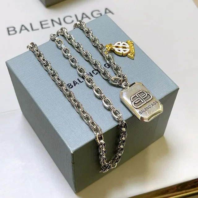 Balenciaga Multi-Charm Necklace Silver Gold Chunky Link Chain Rectangular Engraved Pendant Necklace