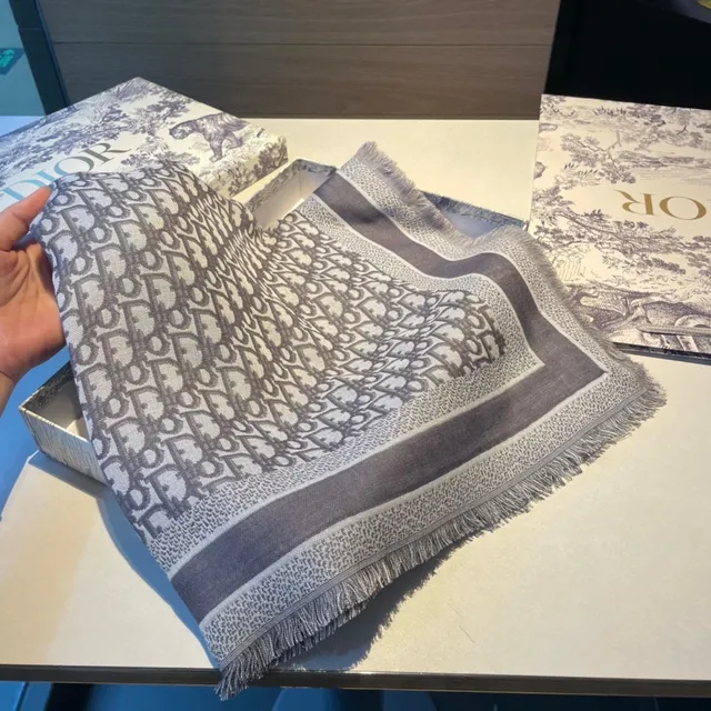 Dior Oblique Monogram Beige and Gray Silk Scarf
