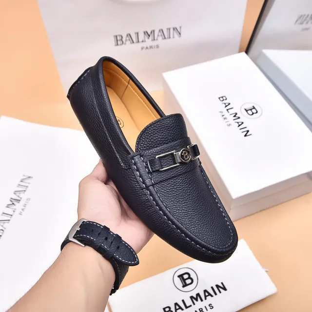 Balmain B-Court Black Beige Pebbled Leather Metal Buckle Loafer