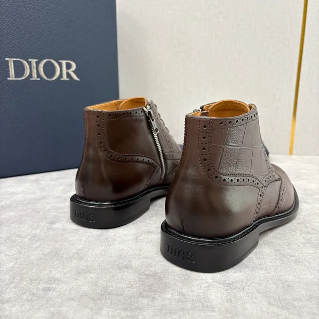 Dior Brown Black Brogue-Perforated Crocodile-Embossed Leather Ankle Boots