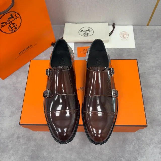 Hermès Double Monk Strap Brown Patent Leather Monk Shoes