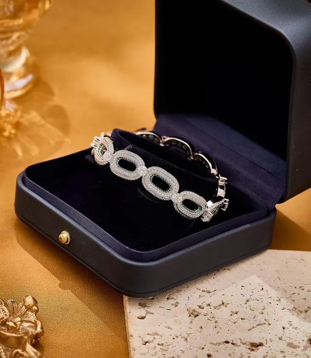 Silver-Tone Pavé and Emerald Green Linked Bracelet