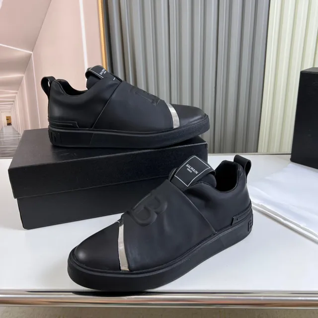 Balmain Black Silver Slip-On Leather Upper Lifestyle Sneakers