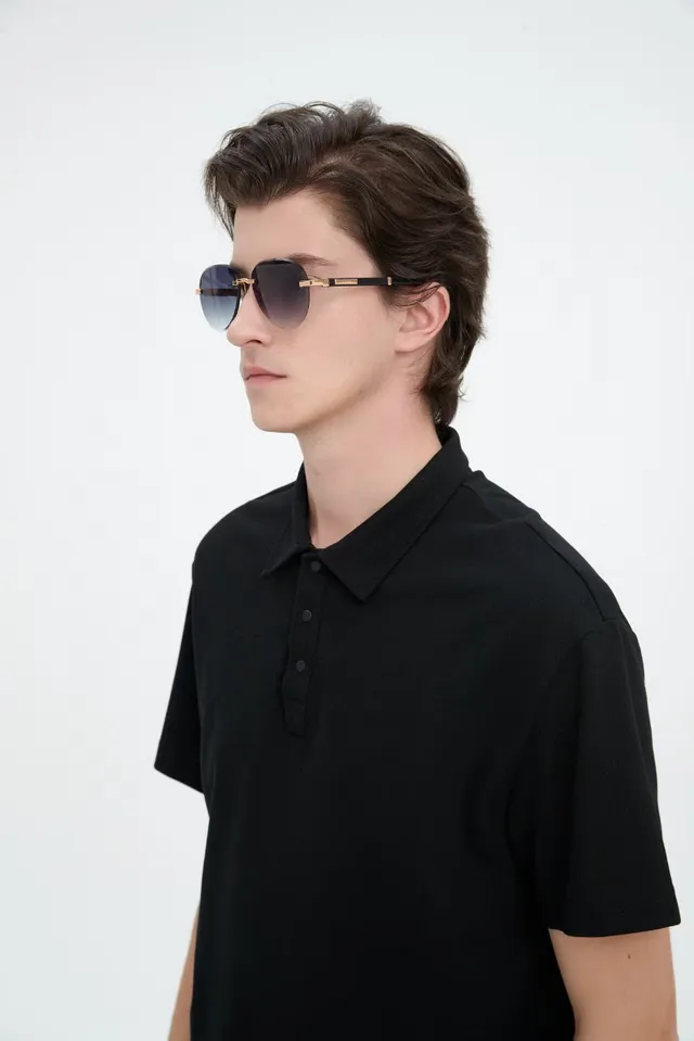 Black Ribbed Collar Three-Button Short-Sleeve Polo Shirt