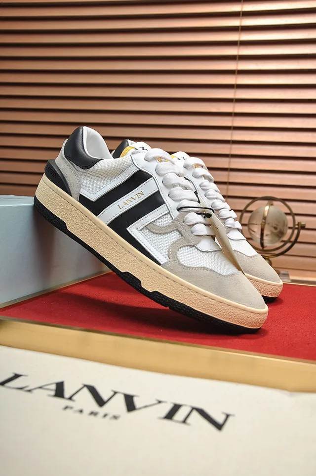 Lanvin White Black Mixed-Material Upper Side Stripe Branding Lifestyle Sneakers