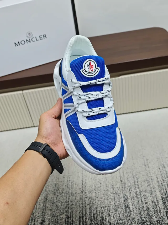 Moncler Blue White Open-Lattice Midsole Triple Silver Strap Overlay Lifestyle Sneakers
