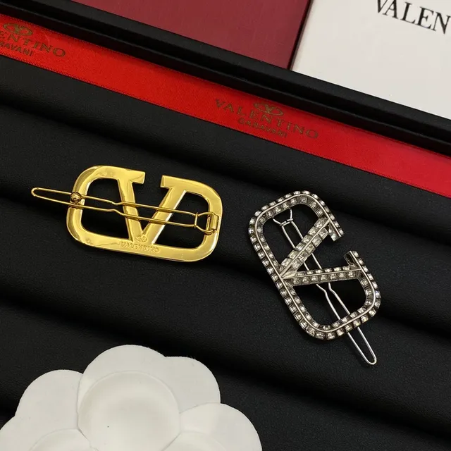 Valentino VLTN Silver Gold Crystal-Encrusted Logo Brooch