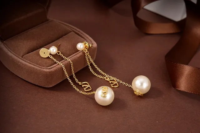 Valentino VLogo Pearl Drop Gold Chain Earrings