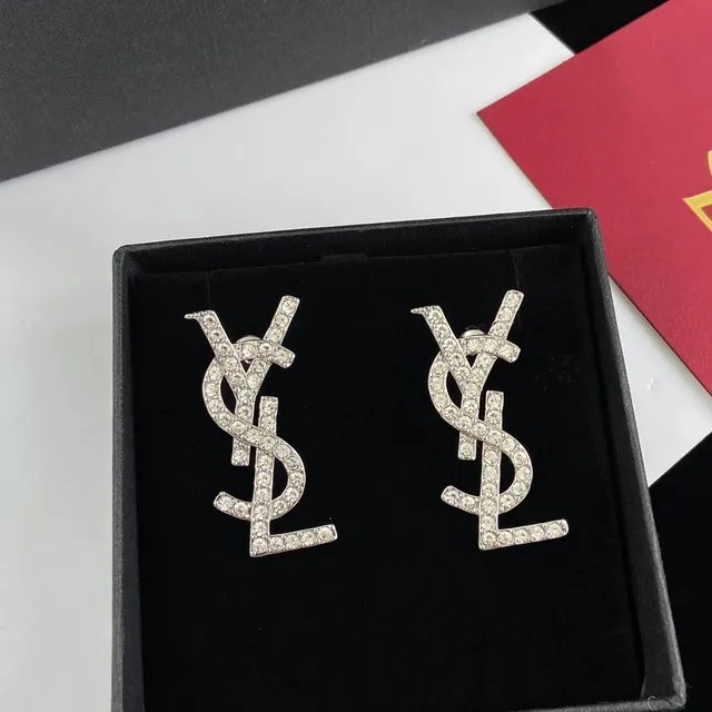 Saint Laurent Monogram Brooch Crystal-Encrusted Silver-Tone YSL Brooch