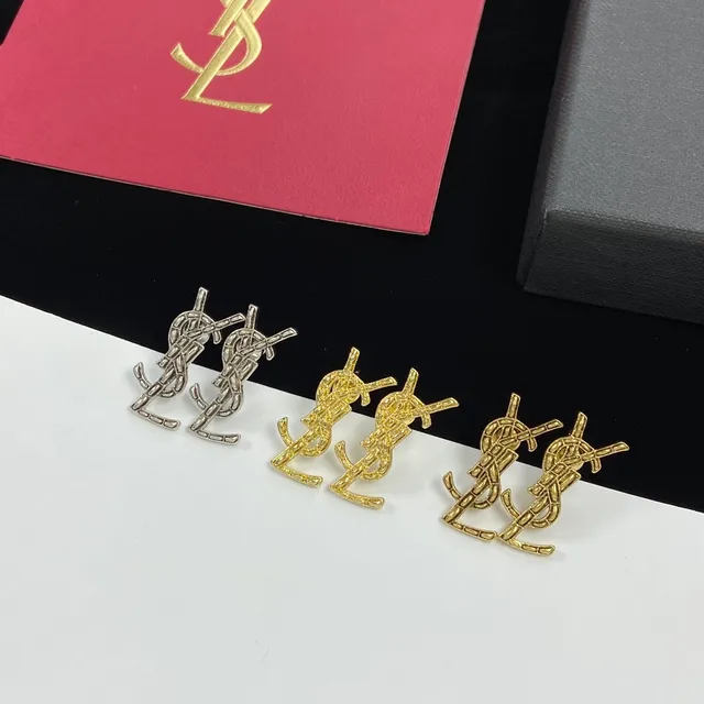 Saint Laurent Monogram Gold Silver Logo Stud Earrings