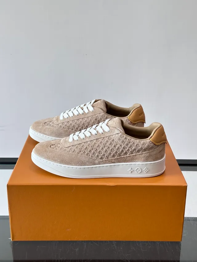 Louis Vuitton LV Trainer Beige White Monogram-Embossed Suede Low-Top Lace-Up Lifestyle Sneakers