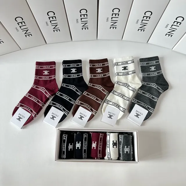 Celine Burgundy Black Logo-Band Cuff Ribbed Knit Socks
