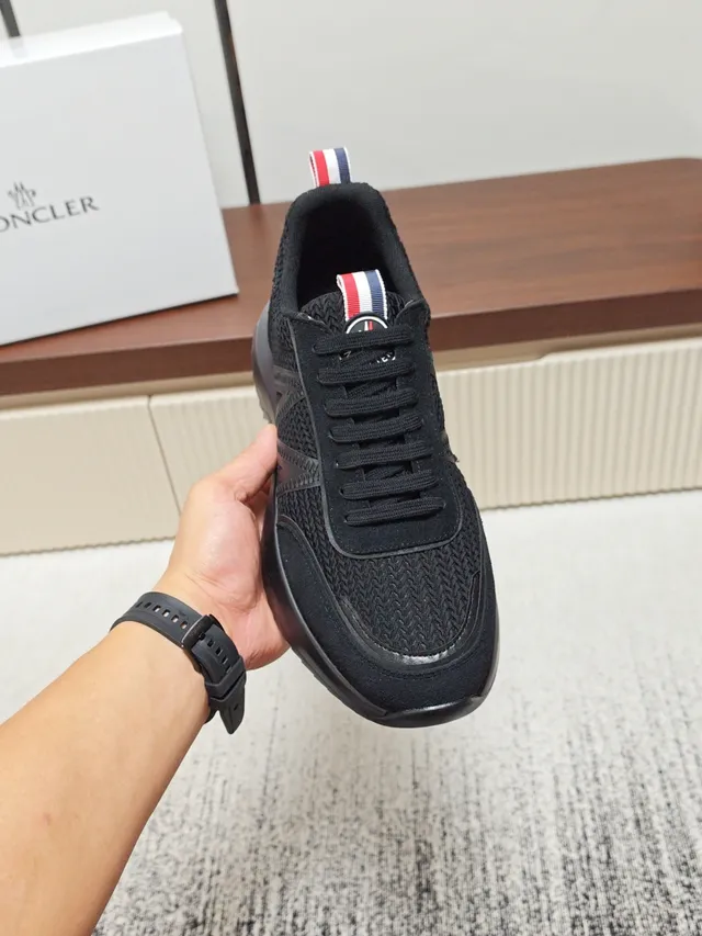 Moncler Black Red Woven Textile Upper Embossed M Logo Panel Sneakers