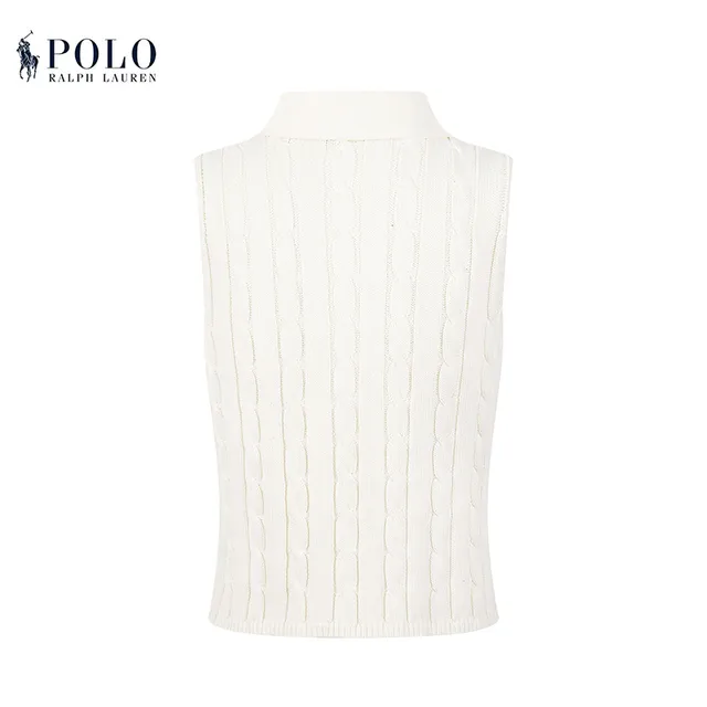 Polo Ralph Lauren Beige Navy Cable-Knit Sleeveless Polo Shirt