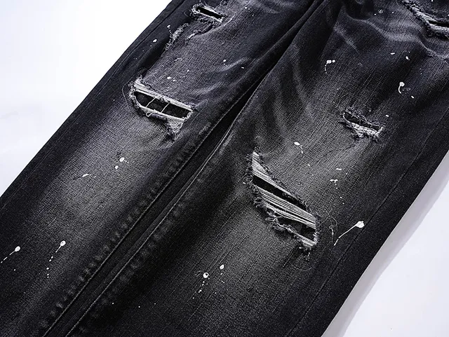 Purple Brand Distressed Paint-Splattered Black Slim-Fit Jeans