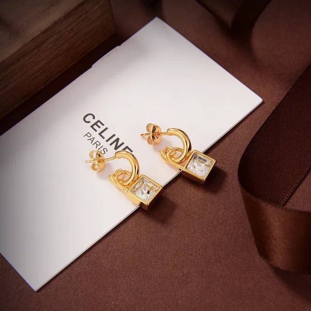Celine Gold-Tone Lock-Shaped Square Crystal Earrings