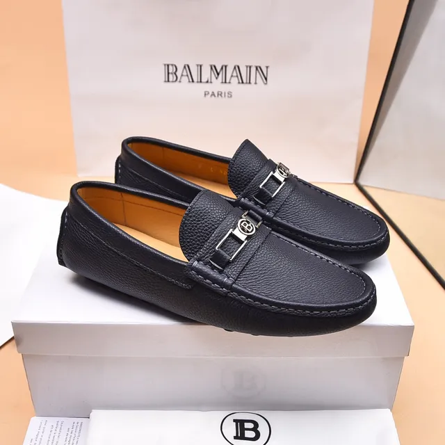 Balmain B-Court Black Beige Pebbled Leather Metal Buckle Loafer