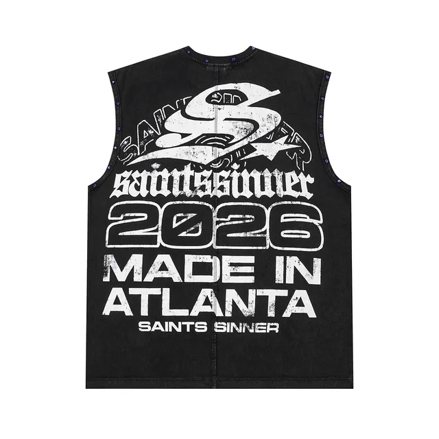 Saints Sinner Graphic-Print Rhinestone-Trimmed Black Denim Vest Top