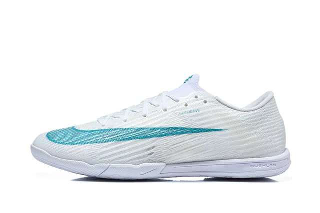 Nike White Blue Knit Upper Flat Rubber Outsole Indoor Soccer Shoes