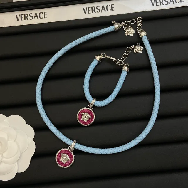 Versace Medusa Blue Pink Braided Leather Cord Enamel Pendant Necklace