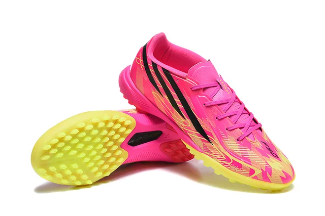 Adidas Pink Yellow Low-Profile Synthetic Upper Asymmetrical Lacing Artificial-Grass Soccer Shoes