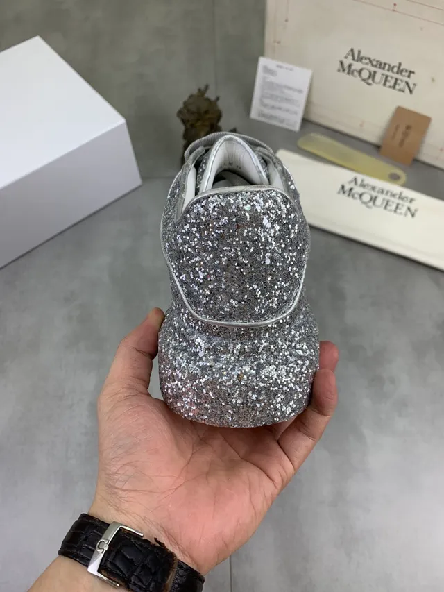 Alexander McQueen Silver White Glitter-Covered Platform Sole Lifestyle Sneakers