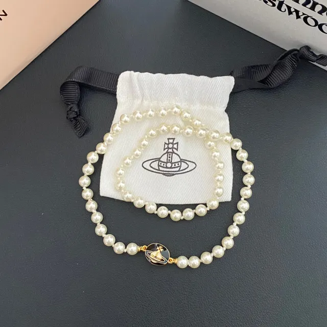 Vivienne Westwood Orb Pearl Necklace Beige Gold Strand Enamel Charm Necklace