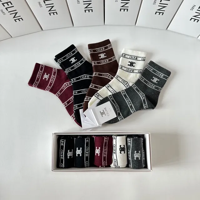Celine Burgundy Black Logo-Band Cuff Ribbed Knit Socks