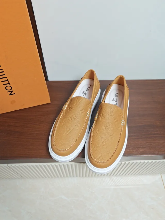 Louis Vuitton Beige White Monogram-Embossed Pebbled Leather Metal Bit Accent Loafer