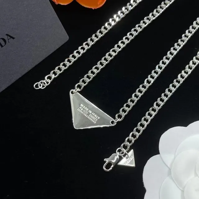 Prada Silver Blue Curb Chain Triangular Enamel Pendant Necklace