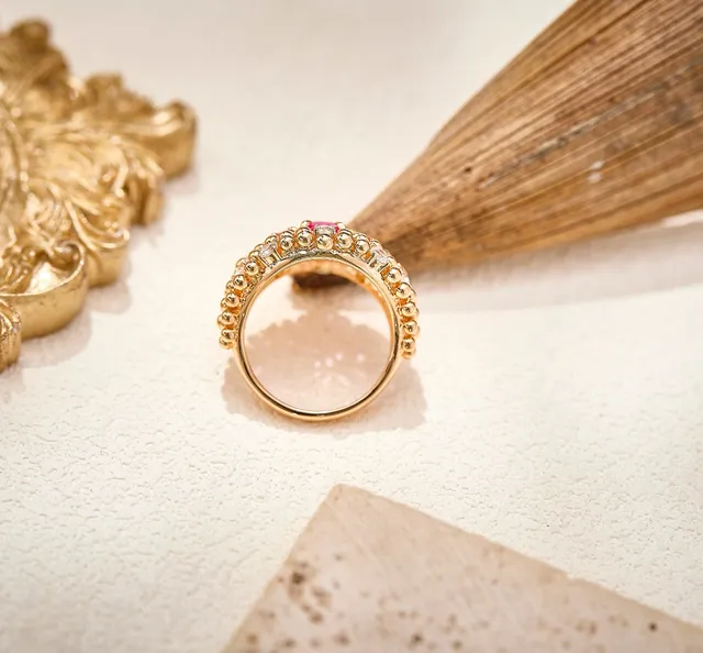 Gold Pink Bead-Set Pavé Diamond Accents Ring