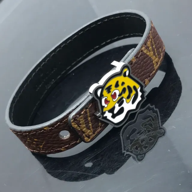 Louis Vuitton Brown Yellow Monogram Leather Enamel Tiger Buckle Belt
