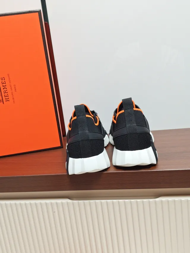 Hermès Black and Orange H Logo Knit Sneaker