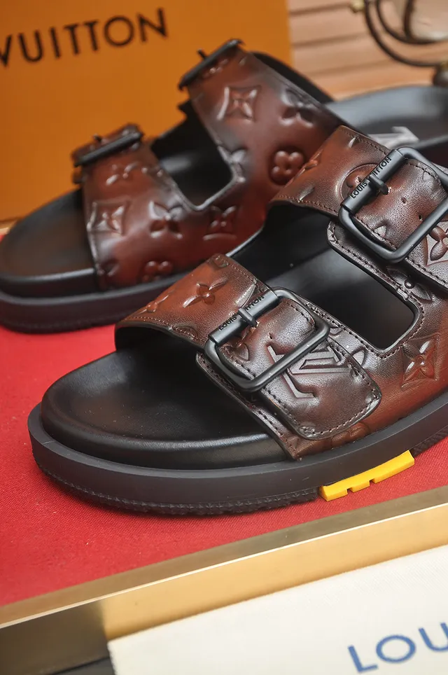 Louis Vuitton Monogram Embossed Brown and Black Double-Buckle Slide Casual Sandals