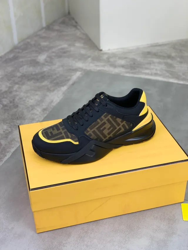 Fendi Black Yellow FF Monogram Canvas Neoprene Overlays Chunky Sneakers