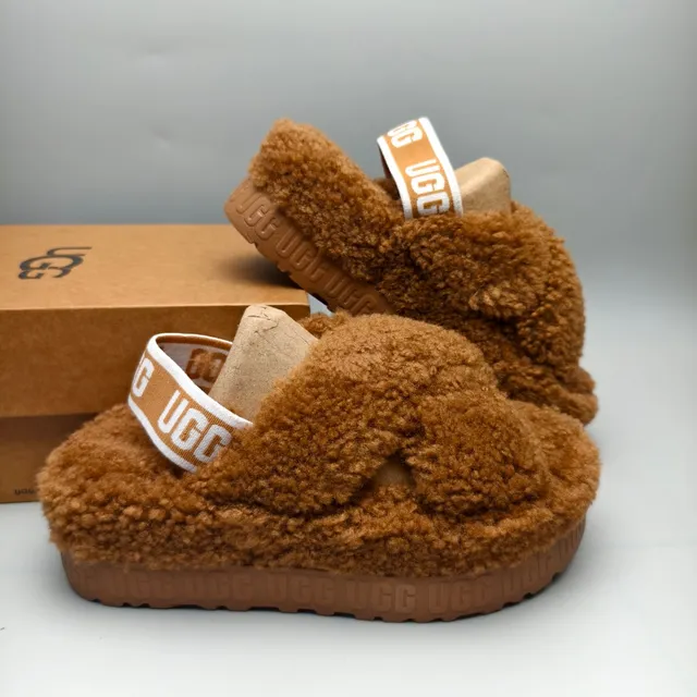 UGG Tasman Chestnut Brown Plush Shearling Cross-Strap Slippers