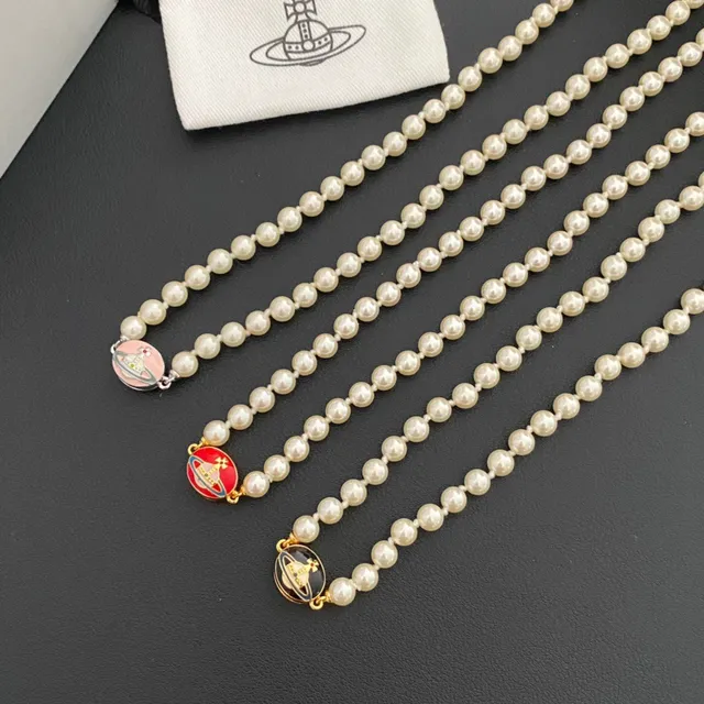 Vivienne Westwood Orb Pearl Necklace Beige Gold Strand Enamel Charm Necklace