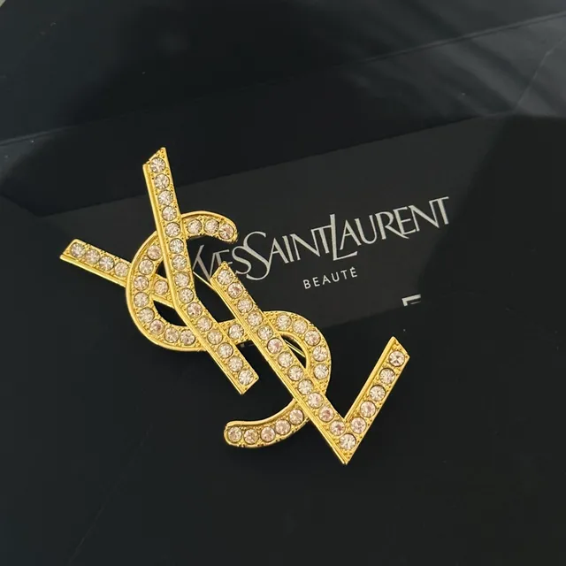 Saint Laurent YSL Monogram Crystal-Embellished Gold-Tone Brooch