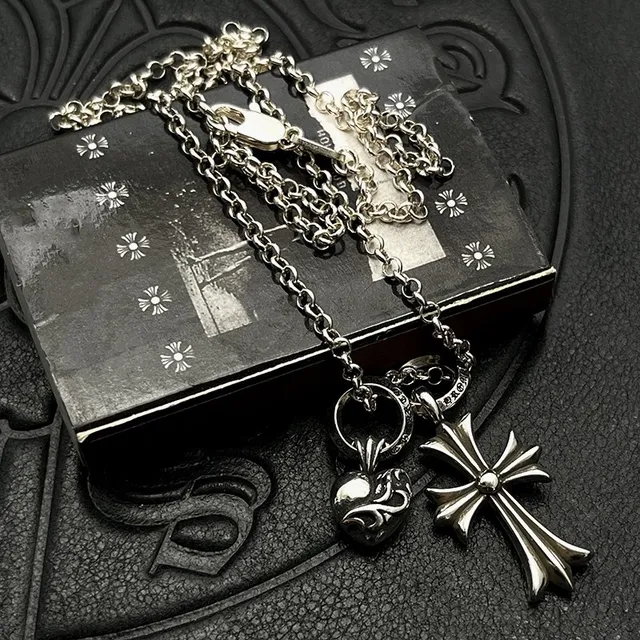 Chrome Hearts Cross and Heart Charm Silver Necklace
