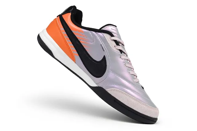 Nike Tiempo Silver Orange Low-Top Iridescent Synthetic Upper Indoor Soccer Shoes