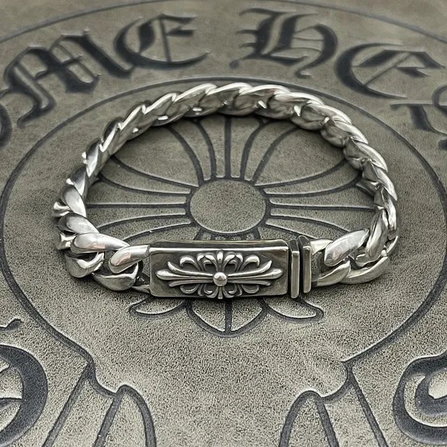 Chrome Hearts Curb Chain Bracelet Silver Heavy Floral Cross Motif Bracelets