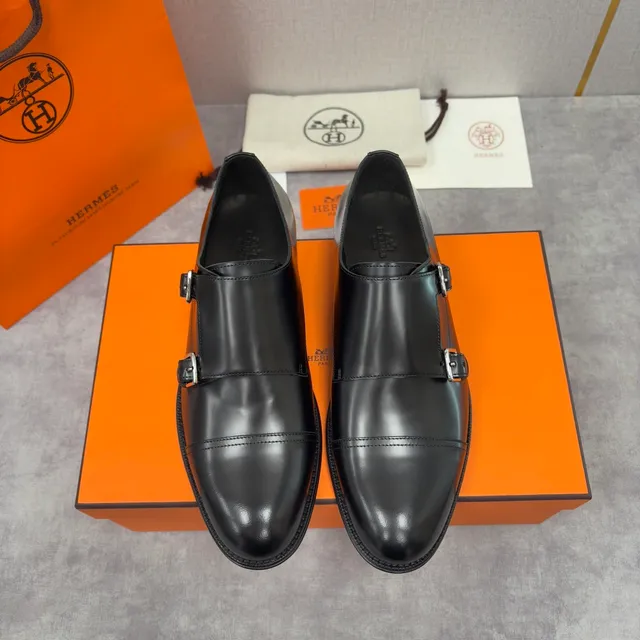 Hermès Double Monk Strap Cap Toe Black Leather Monk Shoes