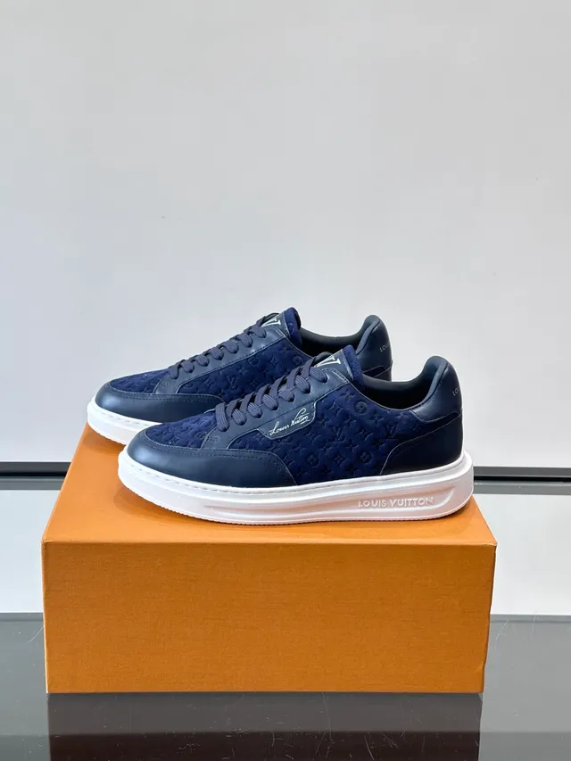 Louis Vuitton LV Trainer Navy White Monogrammed Suede And Leather Upper Thick Platform Sole Lifestyle Sneakers