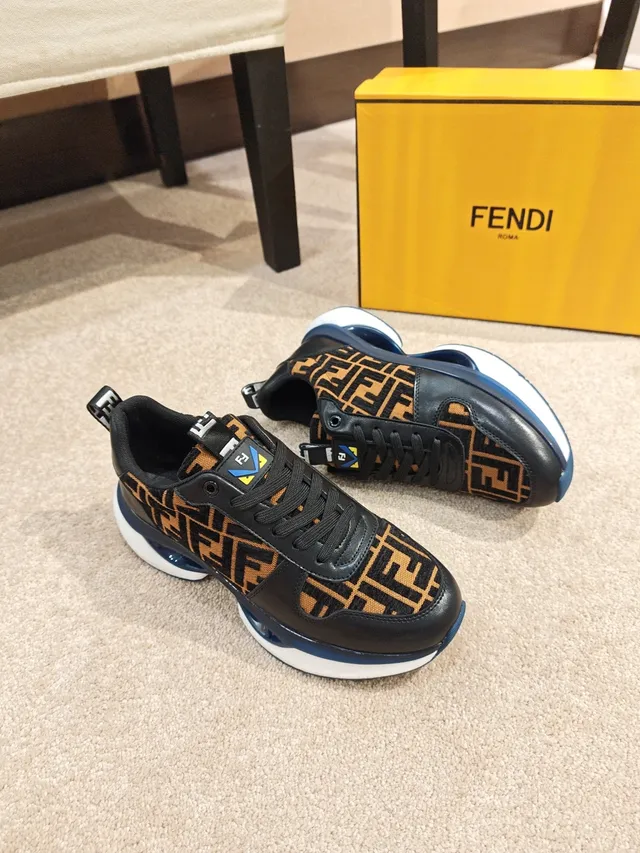 Fendi Black Brown Monogrammed Textile Upper Leather Overlays Chunky Sneakers