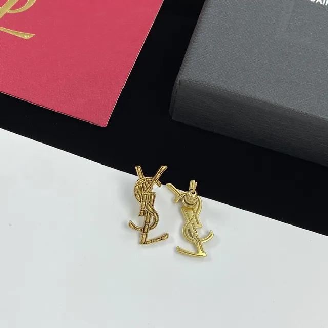 Saint Laurent Monogram Gold Silver Logo Stud Earrings