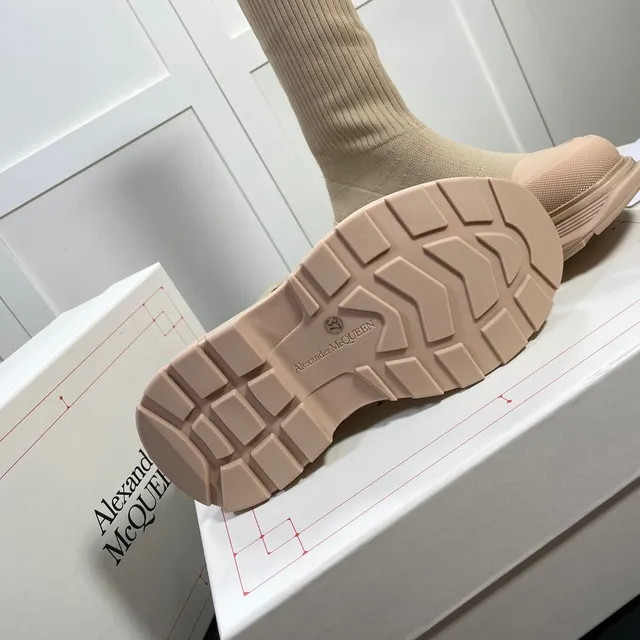 Alexander McQueen Tread Slick Beige Knit Logo Knee Boots