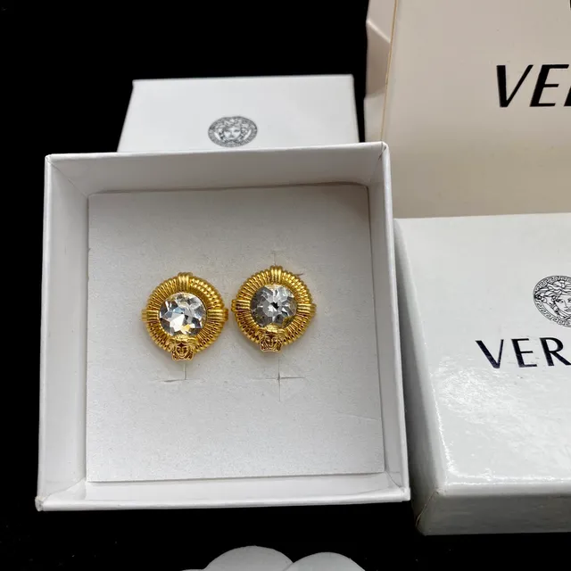 Versace Medusa Stud Gold Transparent Ribbed Bezel Faceted Crystal Center Earrings