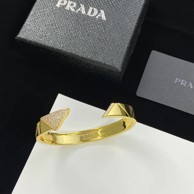 Prada Geometric Pavé Crystal Gold-Tone Open Cuff Bracelet