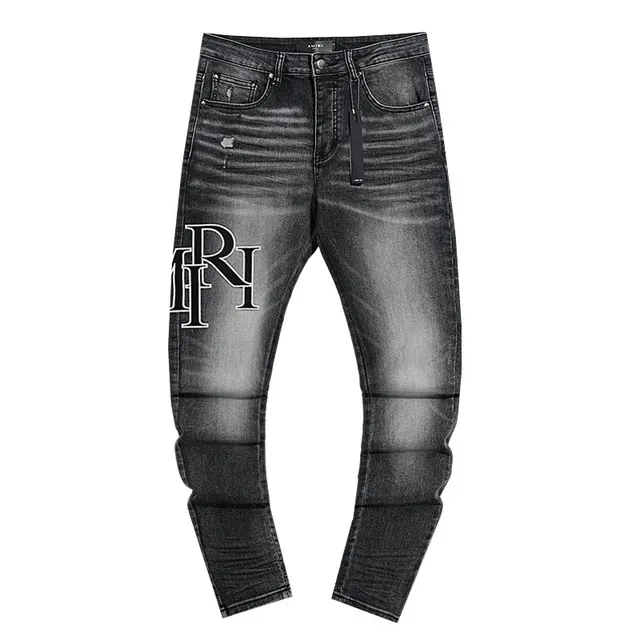 Black White Distressed Denim Slim Tapered Fit Jeans